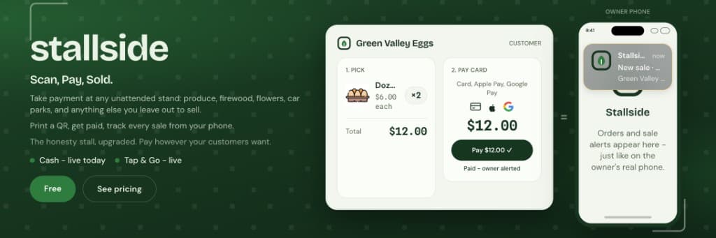 Vendl scan-pay-sold workflow with customer checkout and owner sale alerts